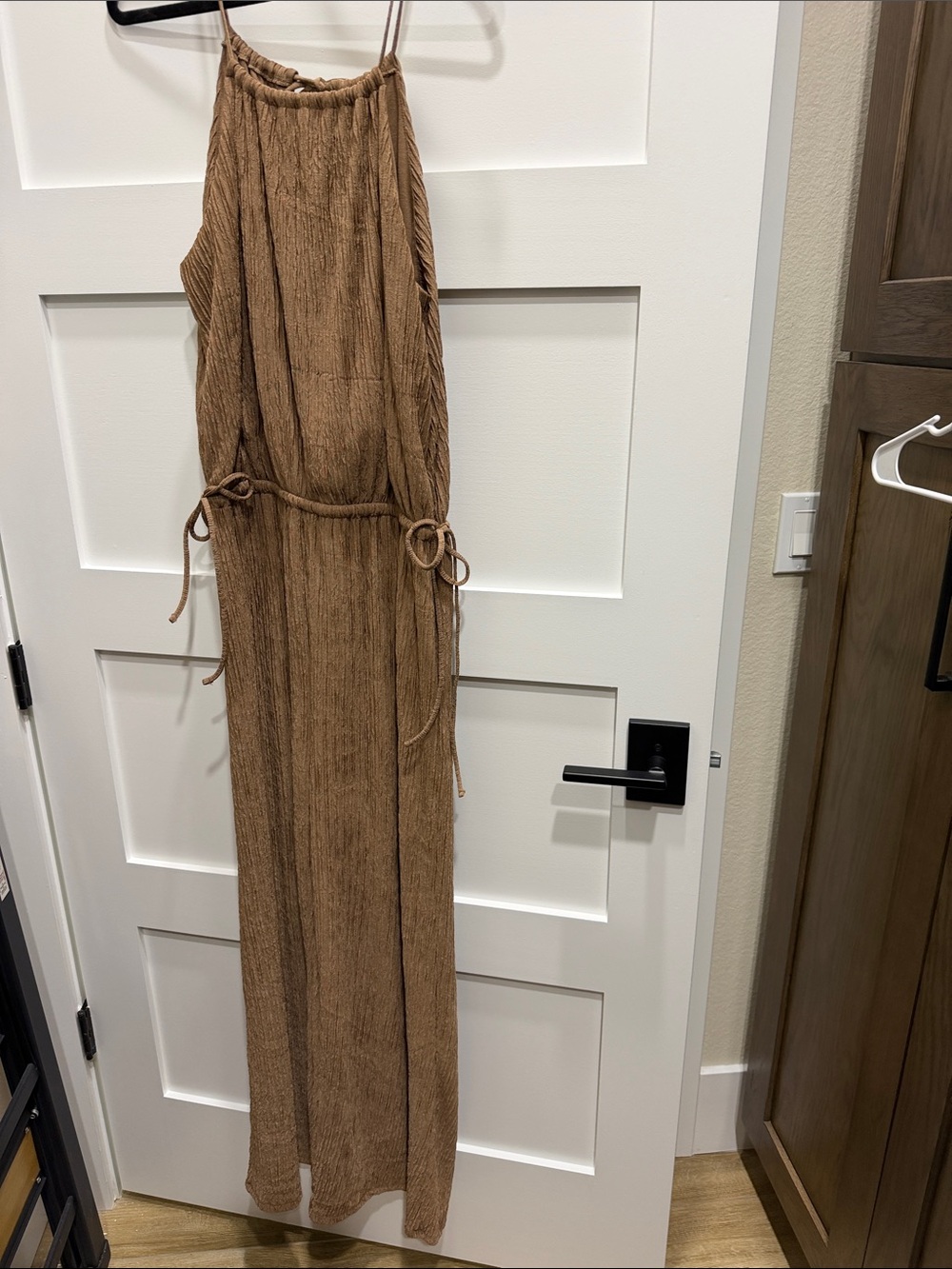 Active USA Textured Halter Jumpsuit in Tan Brown